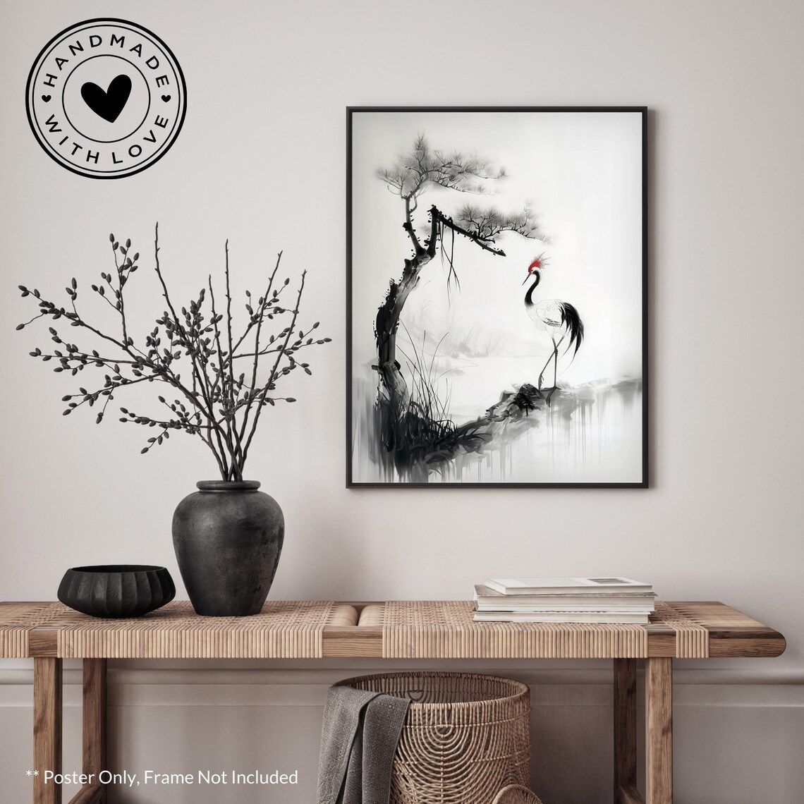 Japanese Kano Motonobu Crane Poster, Asian Landscape