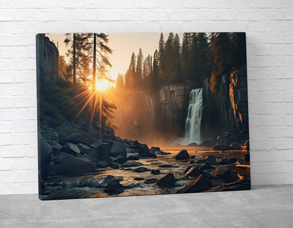 River Waterfall Sunset Landscape, Nature Wall Art