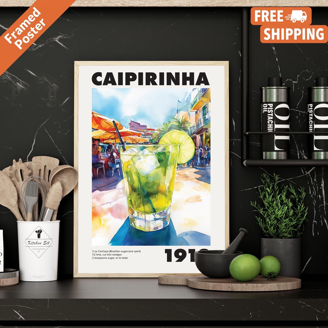 Vintage Caipirinha Cocktail Recipe, Bar Kitchen Art