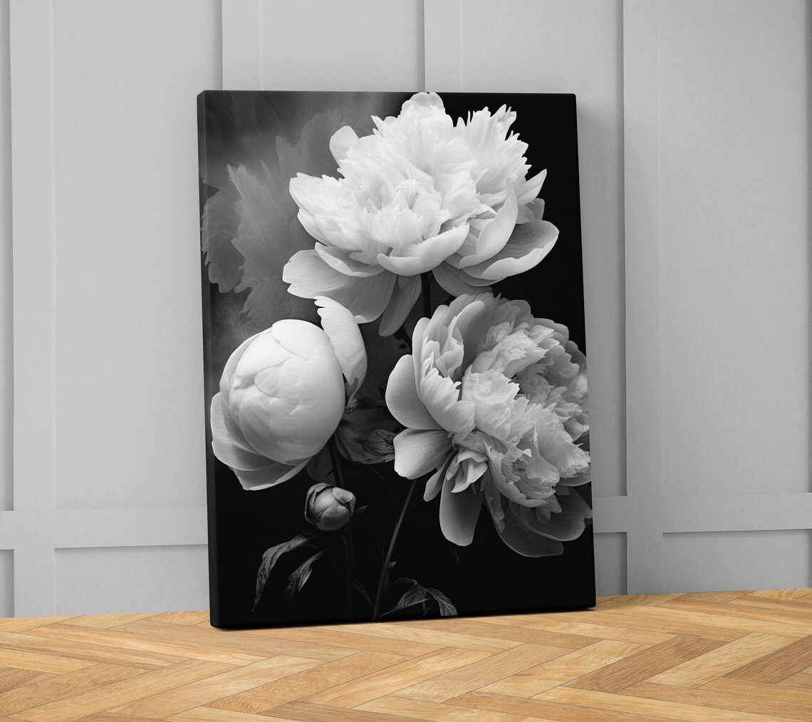 Monochrome Peony Flowers, Black White Art Print