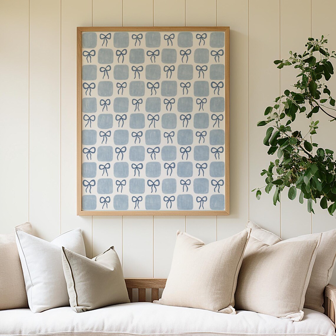 Blue Bows Checkered Pattern Coastal Art Print