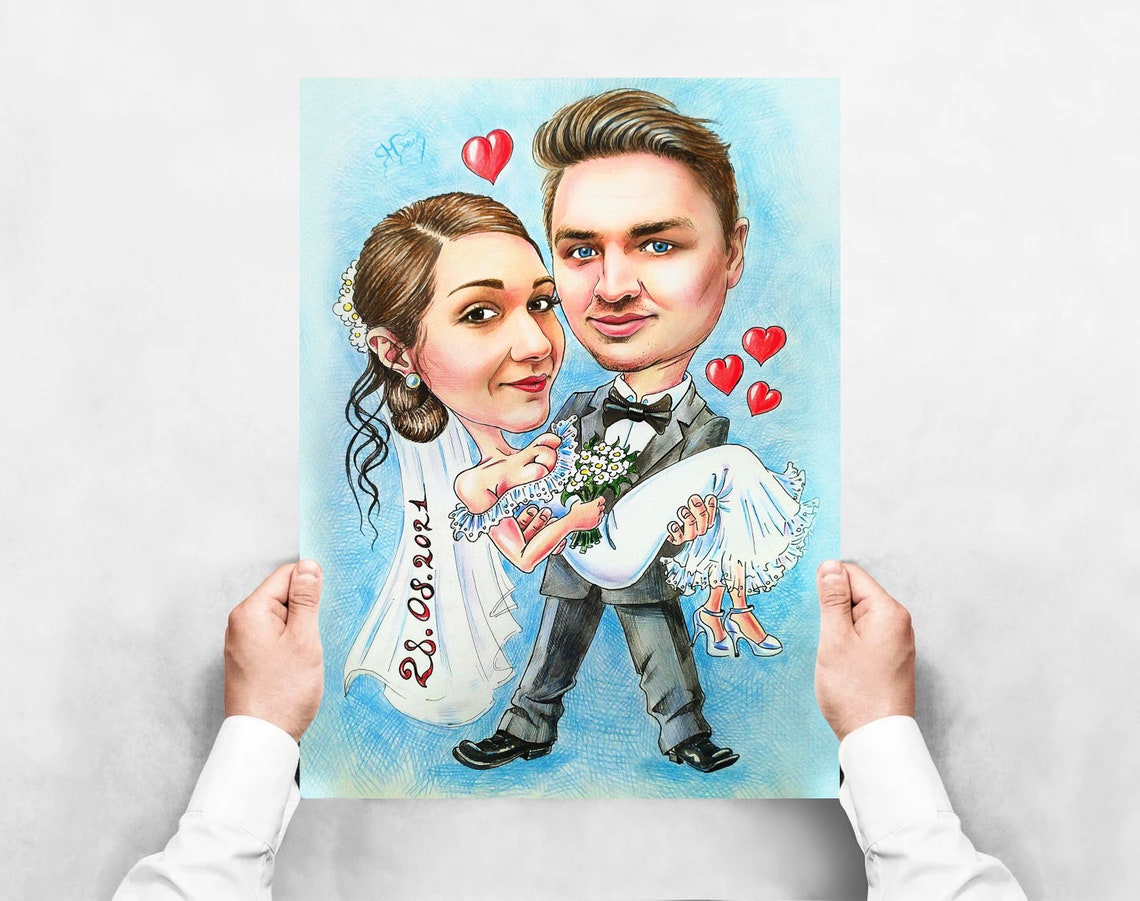 Custom Wedding Couple Pencil Caricature Portrait From Photo Poster - Image 5