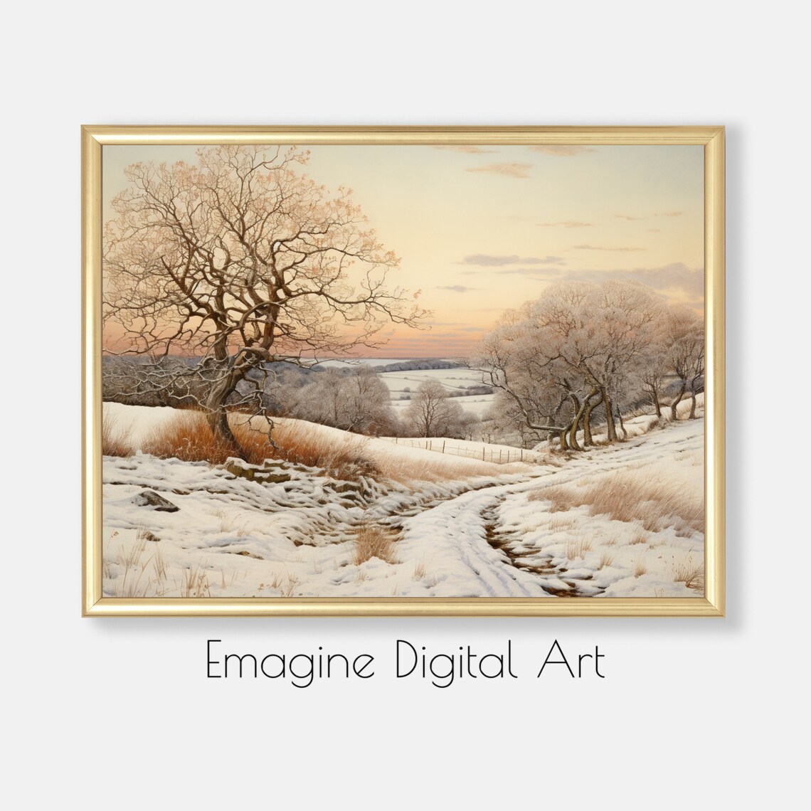 Snowy Winter Countryside Landscape Vintage Farm Painting Poster