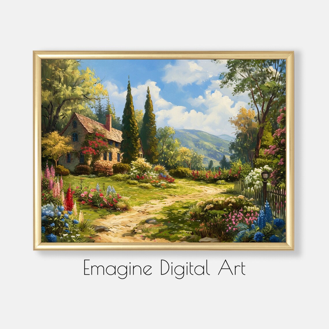 Picturesque Hillside Country Home Blooming Garden Summer Art Poster