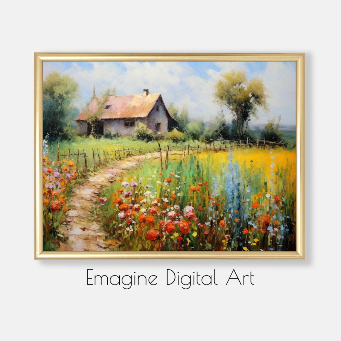 Rustic Cottage in Wildflower Meadow Summer Path Impressionist Poster