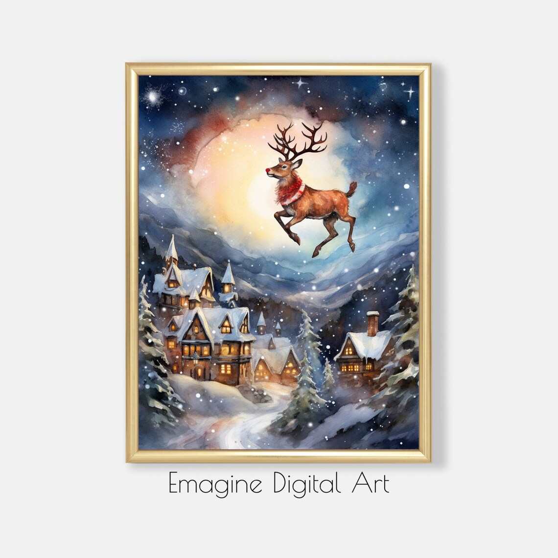 Christmas Reindeer Flying Over Snowy Village Holiday Art Wall Poster
