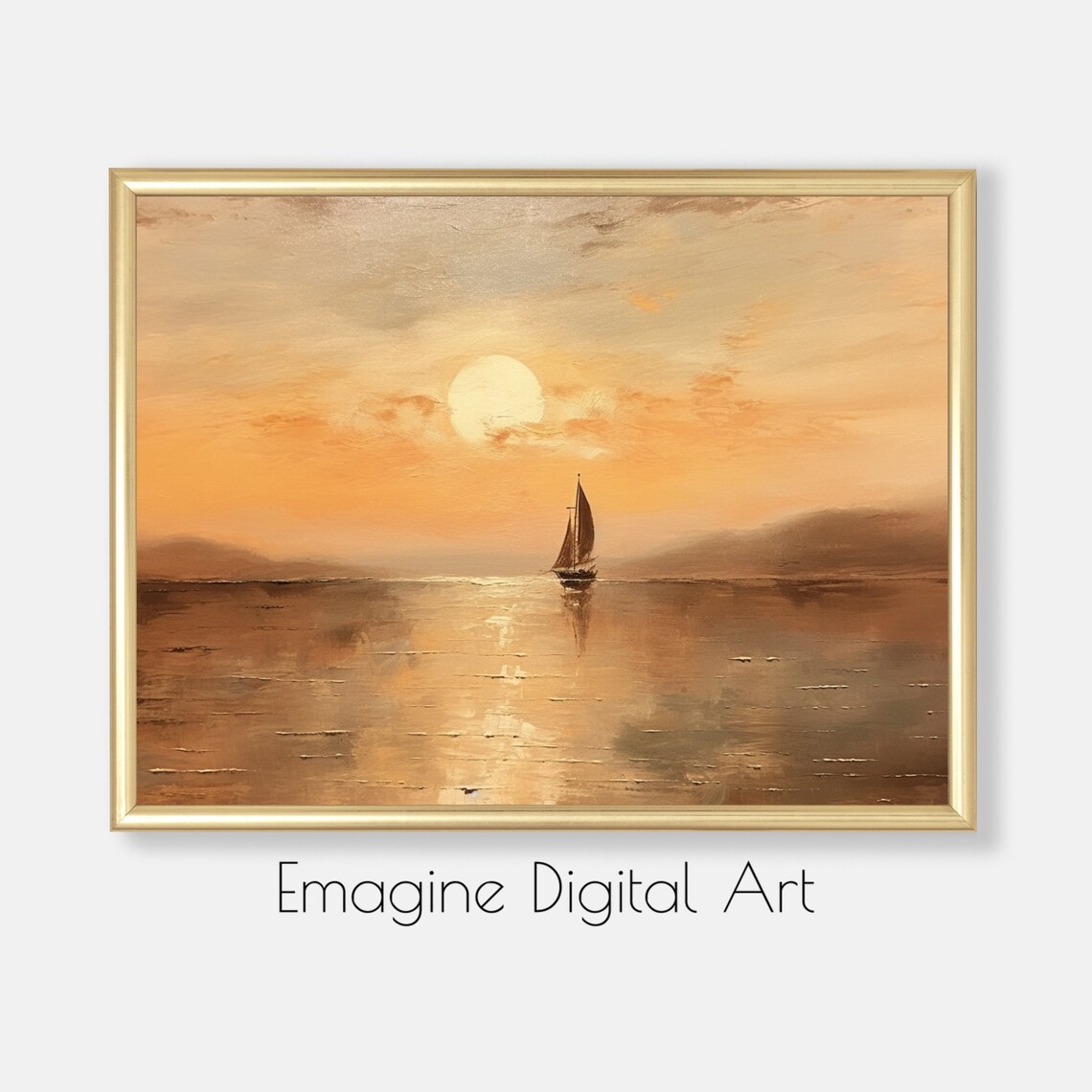 Golden Sunset Sailboat Calm Sea Serene Oil Painting Style Poster