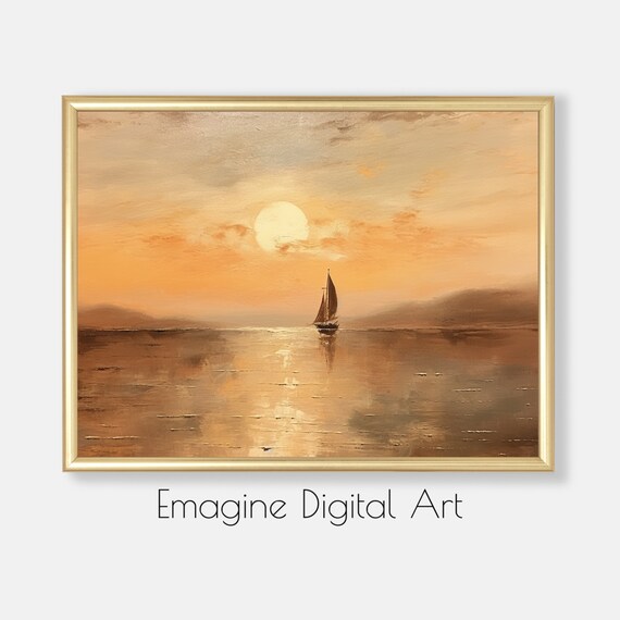 Golden Sunset Sailboat Calm Sea Serene Oil Painting Style Poster