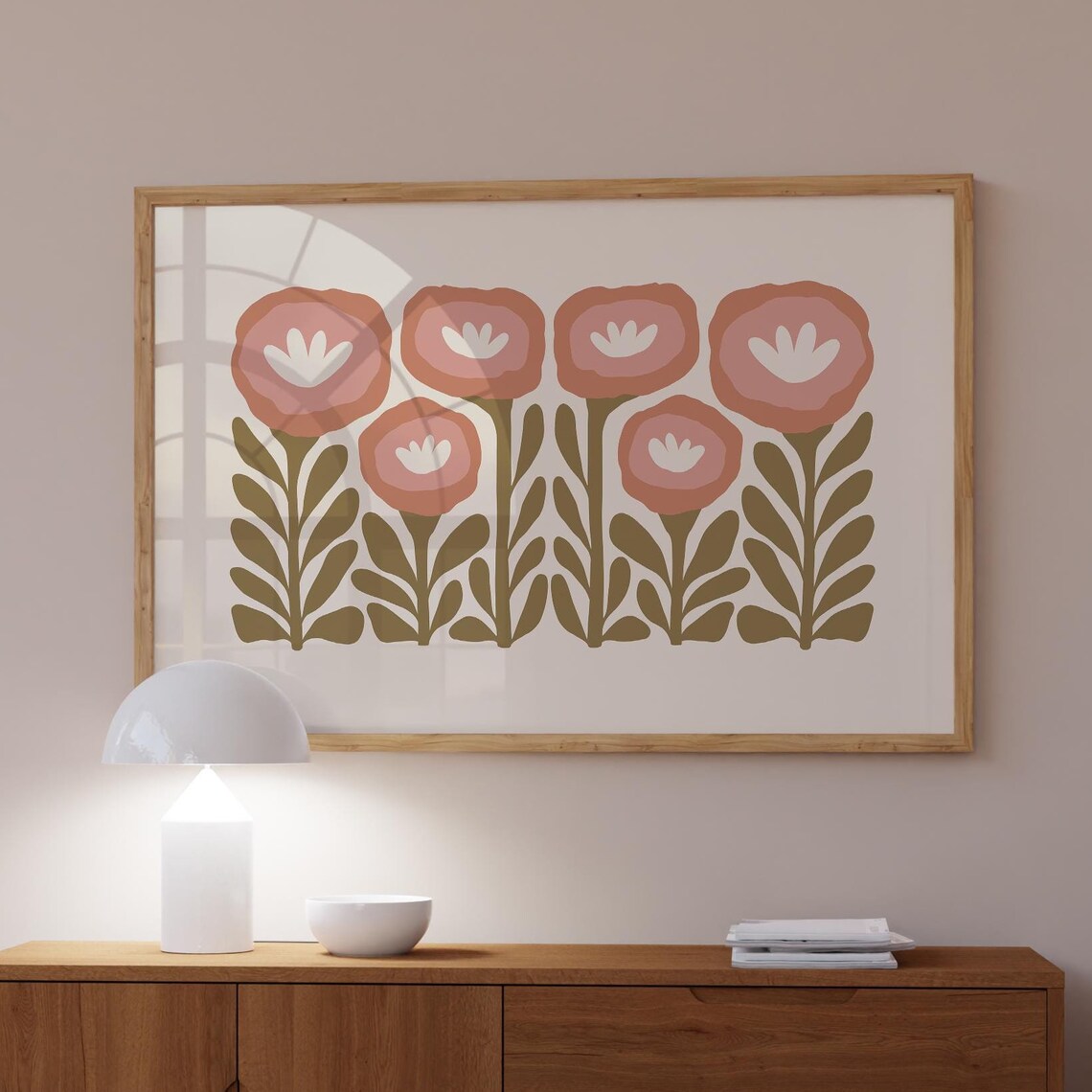 Terracotta Pink Blooms Olive Stems Cream Retro Floral Decor Poster - Image 7