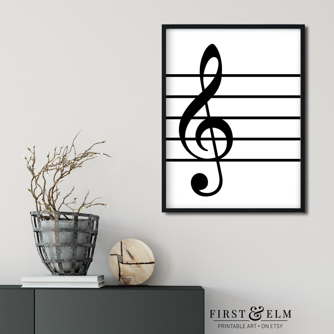 Minimalist Treble Clef on Staff Lines Black and White Music Poster - Image 2