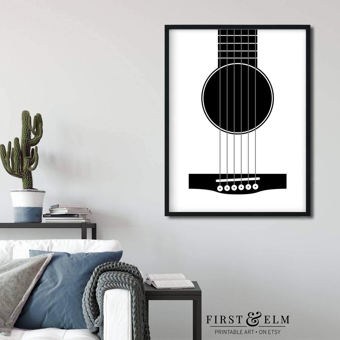 Minimalist Acoustic Guitar Sound Hole Strings Black White Art Poster - Image 2