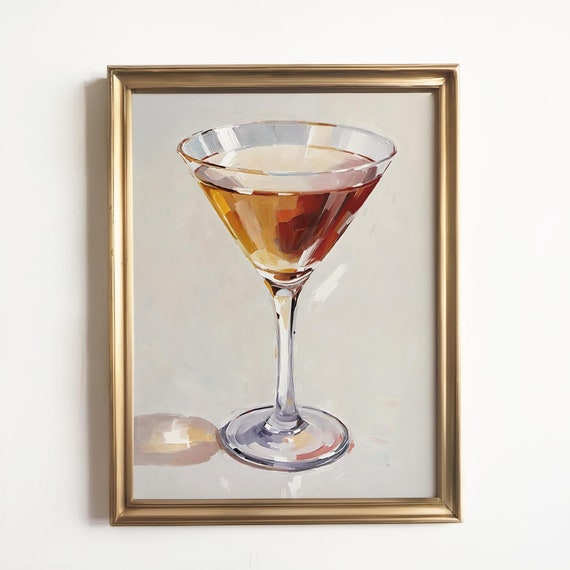 Manhattan Cocktail Oil Art Print Stylish Elegant Trendy Wall Decor Cute Canvas Bar Cart Gift