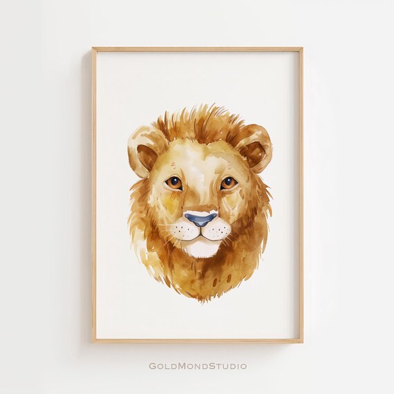 Watercolor Lion Portrait Cute Nursery Decor Kids Animal Art Poster