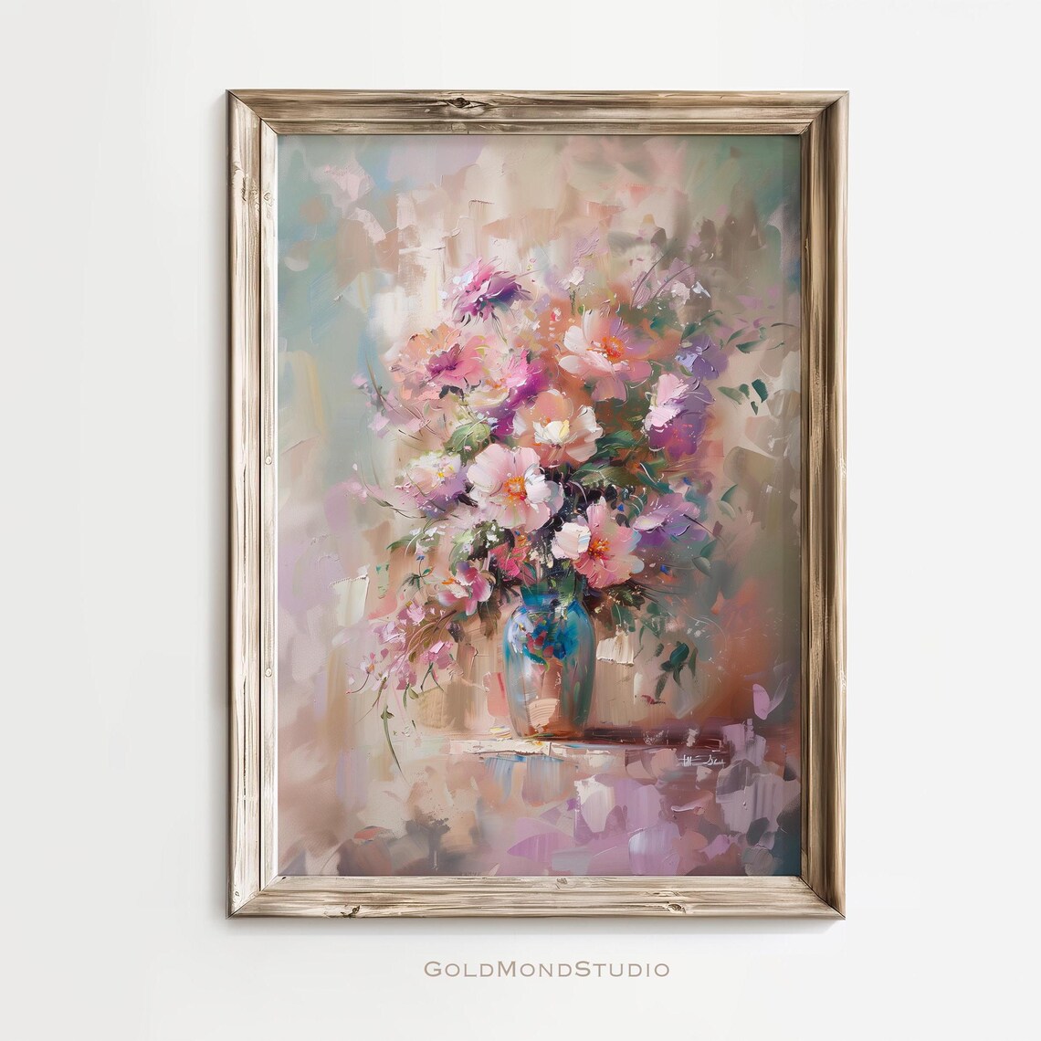 Impressionist Pink and Purple Bouquet in a Blue Glass Vase Poster