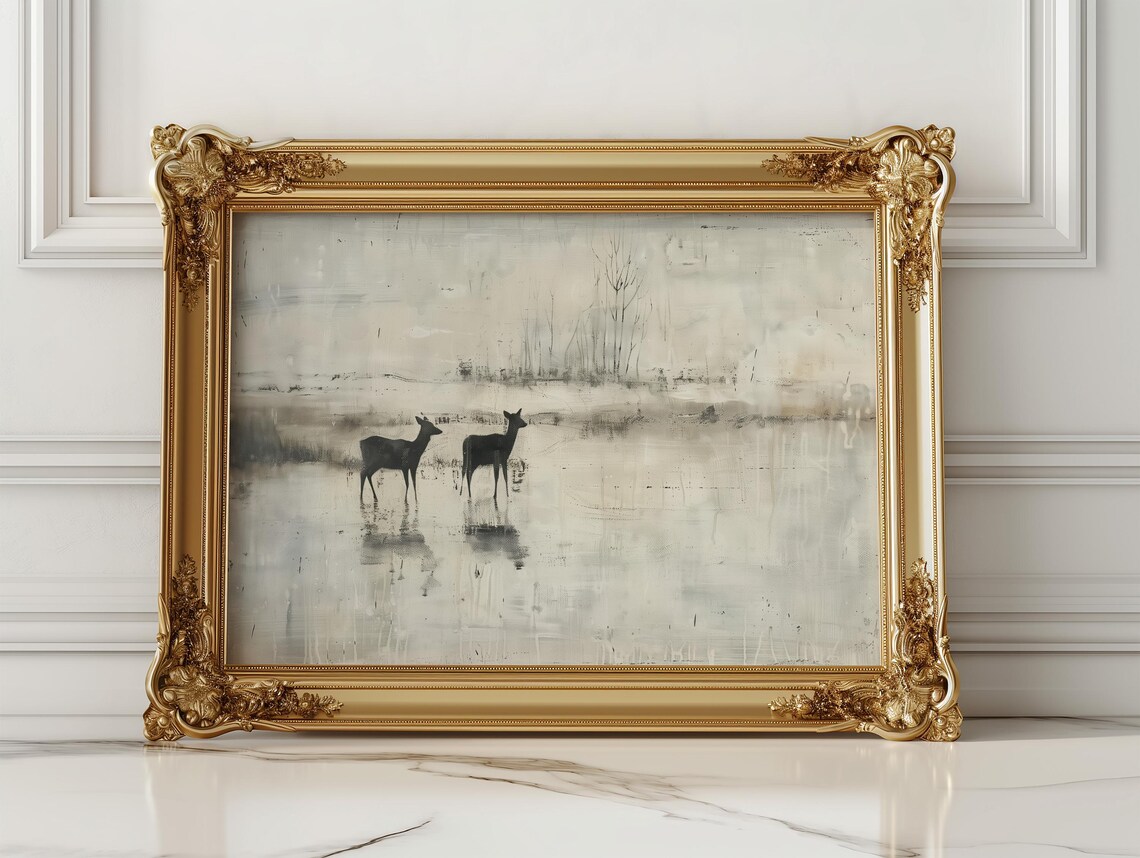 Two Deer Silhouettes Crossing A Snowy Winter Field Painting Poster - Image 2