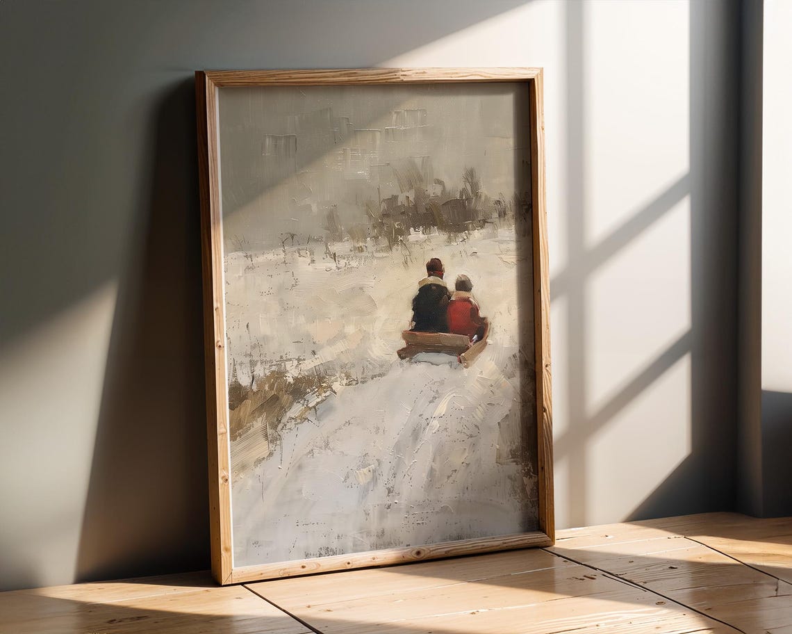 Two Children On Wooden Sled Crossing Snowy Field Vintage Poster - Image 2