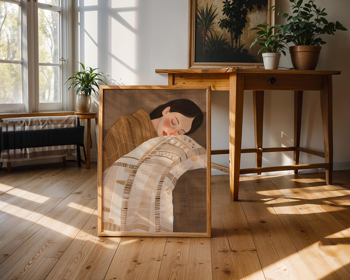 Sleeping Woman In Brown Patterned Top Wrapped Cozy Art Poster - Image 3