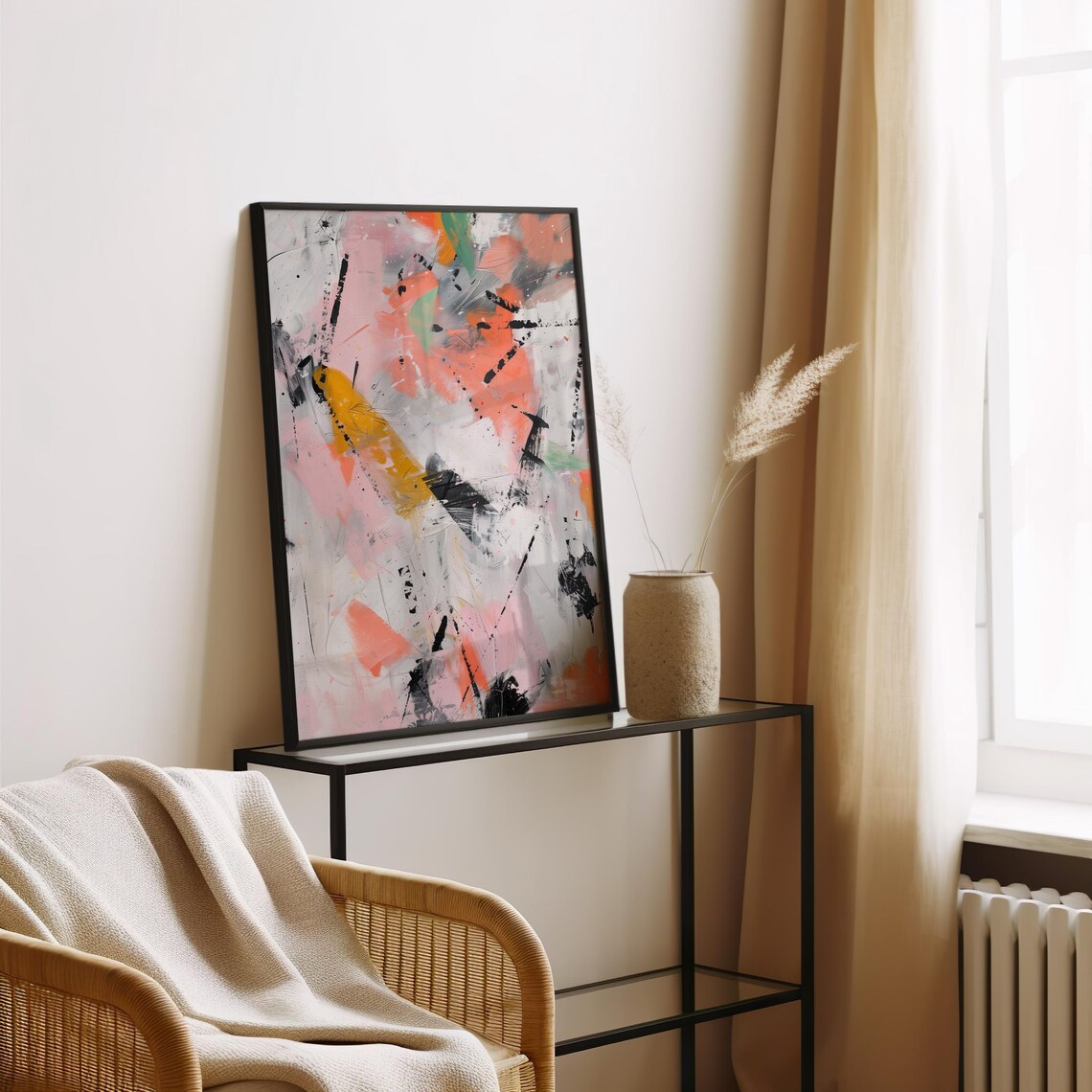 Coral Pink Orange Black Bold Abstract Acrylic Painting Poster - Image 3