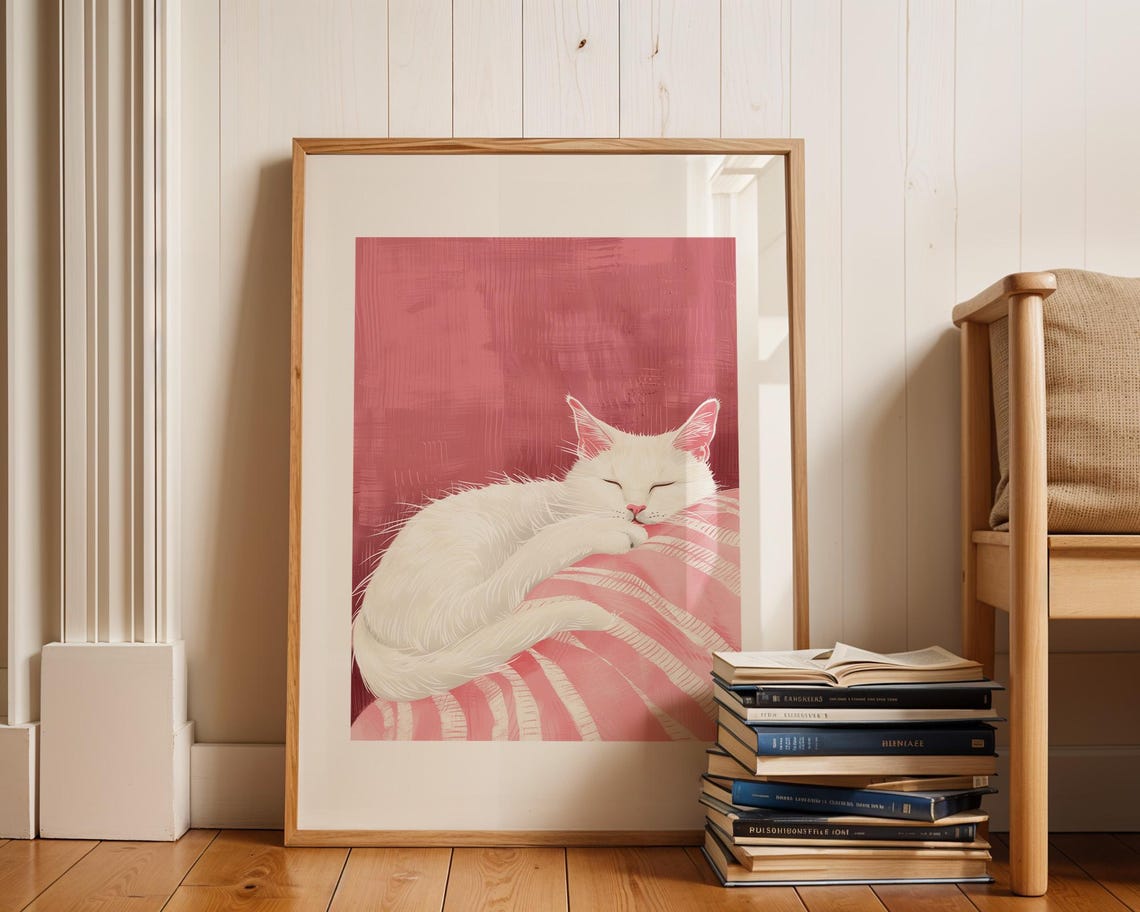 Sleeping White Cat Curled On Pink Striped Pillow Decor Poster - Image 2