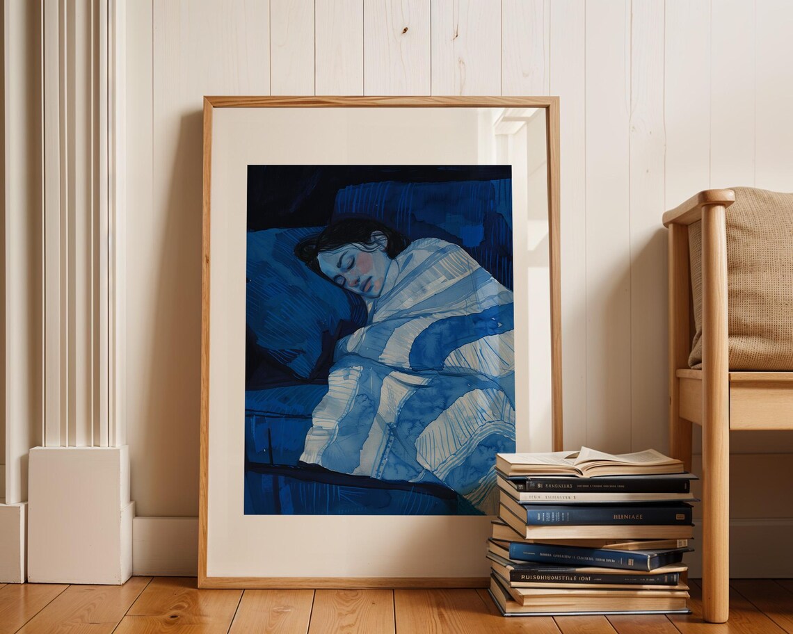 Sleeping Woman in Monochrome Blue Watercolor with Striped Blanket Poster - Image 3