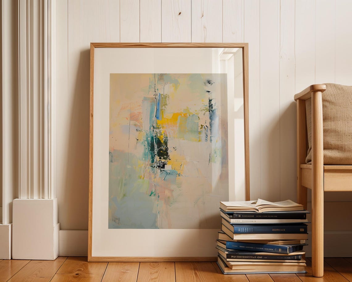 Soft Cream Blue Yellow Abstract Brushstroke Minimalist Poster - Image 3