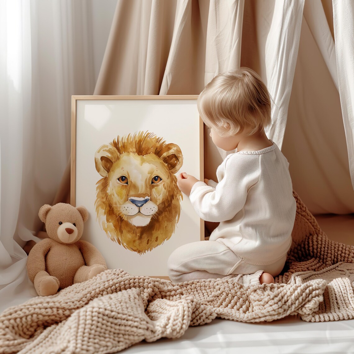 Watercolor Lion Portrait Cute Nursery Decor Kids Animal Art Poster - Image 3