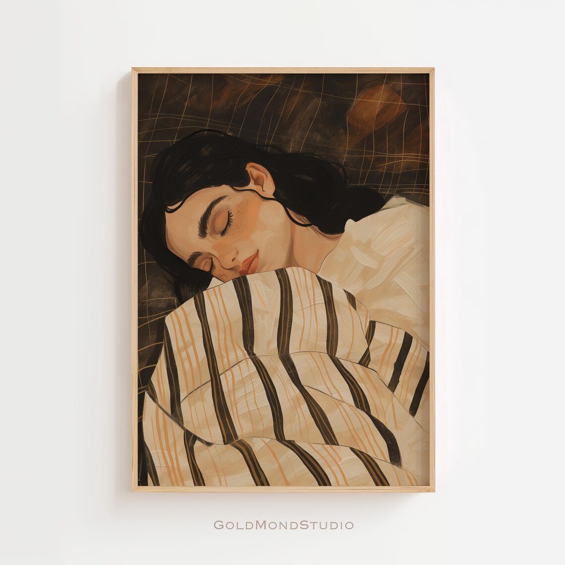 Sleeping Woman Under Beige Striped Blanket Vintage Art Poster