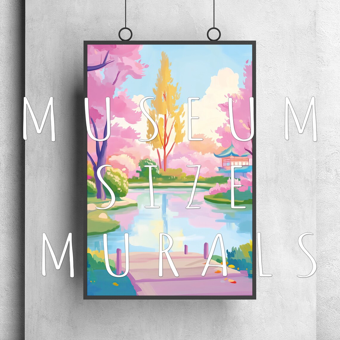 Colorful Lakeside Garden with Pagoda Cherry Blossom Pond Art Poster Print - Image 3
