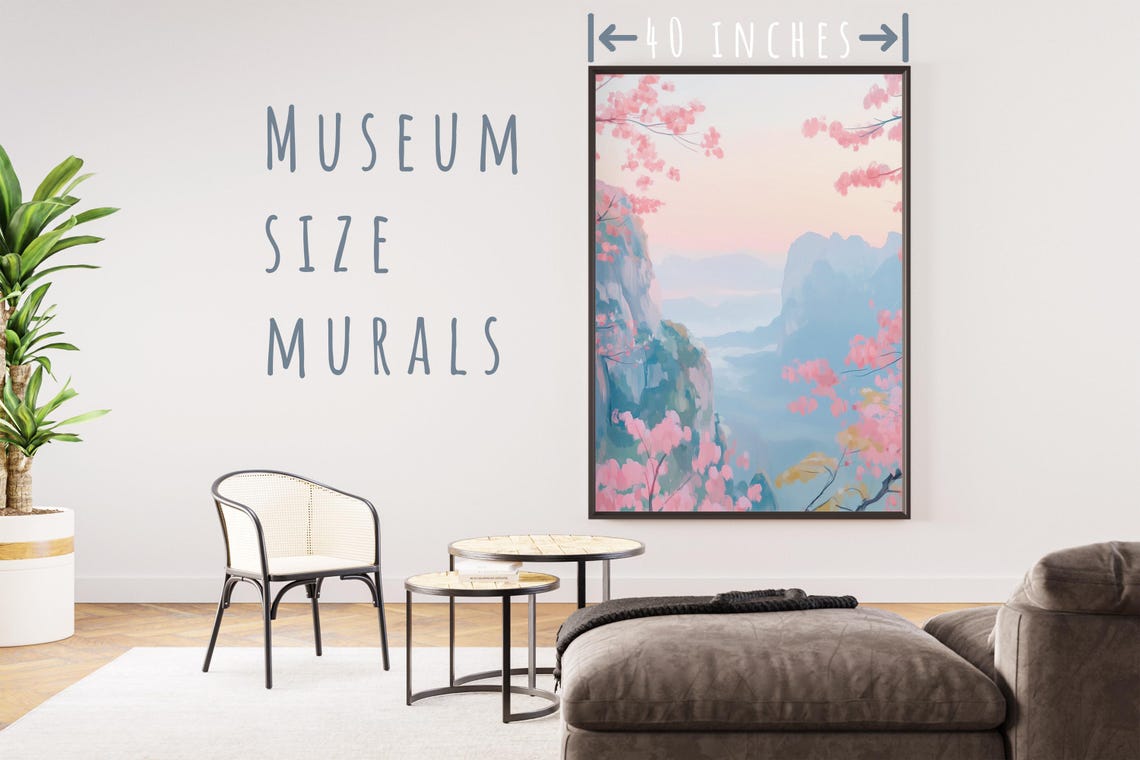 Pink Cherry Blossom Misty Mountain Lake Spring Landscape Art Poster - Image 5