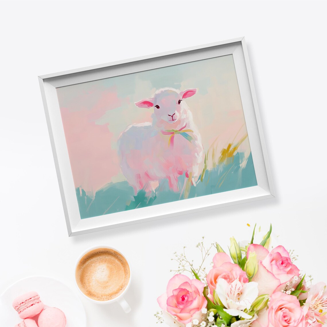 White Lamb Pink Bow Pastel Meadow Sweet Nursery Animal Art Print - Image 5