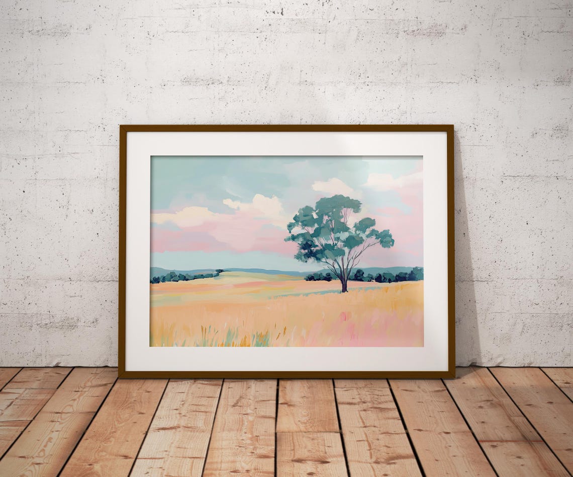 Golden Grass Field Lone Eucalyptus Tree Pink Sky Outback Art Poster - Image 2
