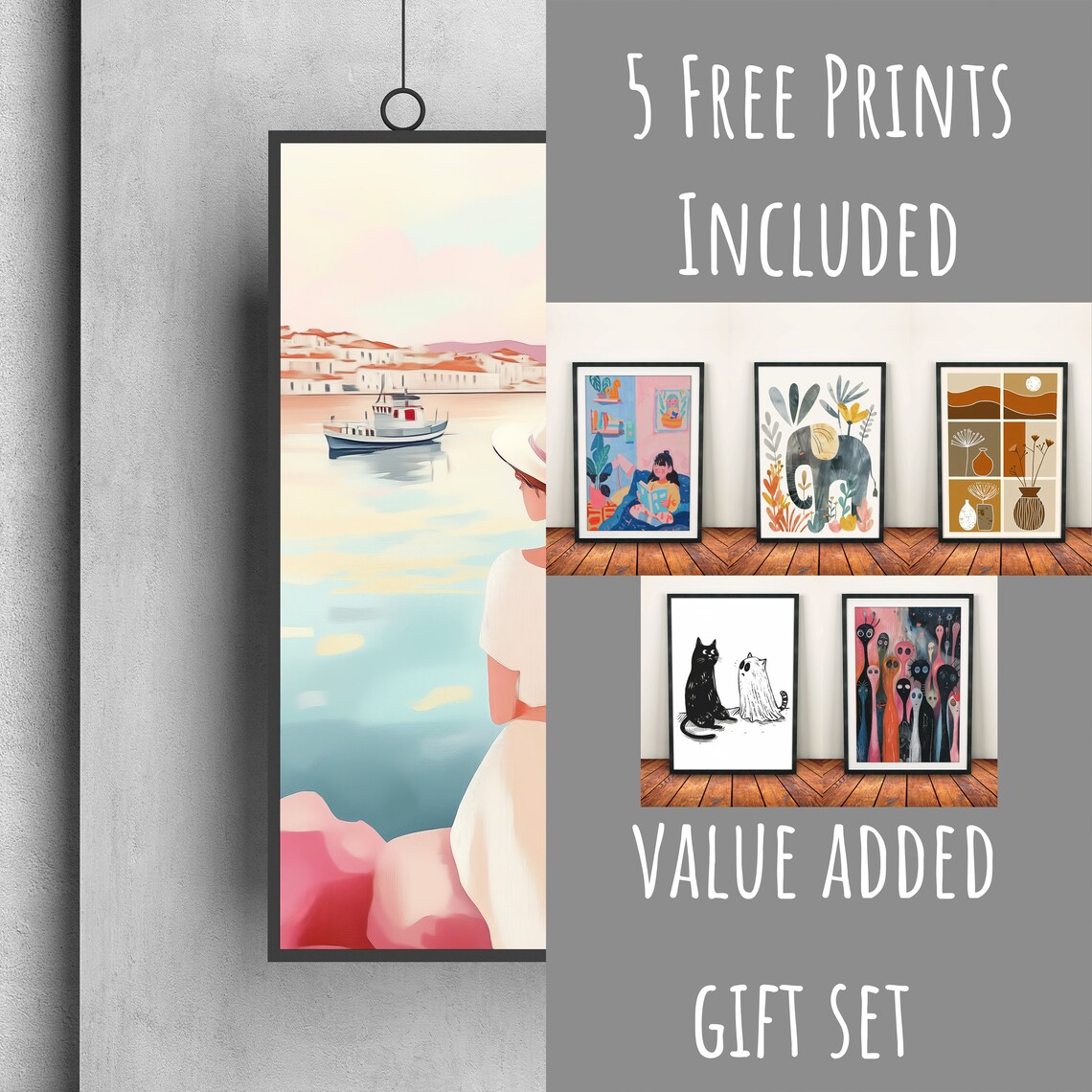 Mediterranean Harbor Woman Overlooking Boat Coastal Scene Art Poster - Image 3