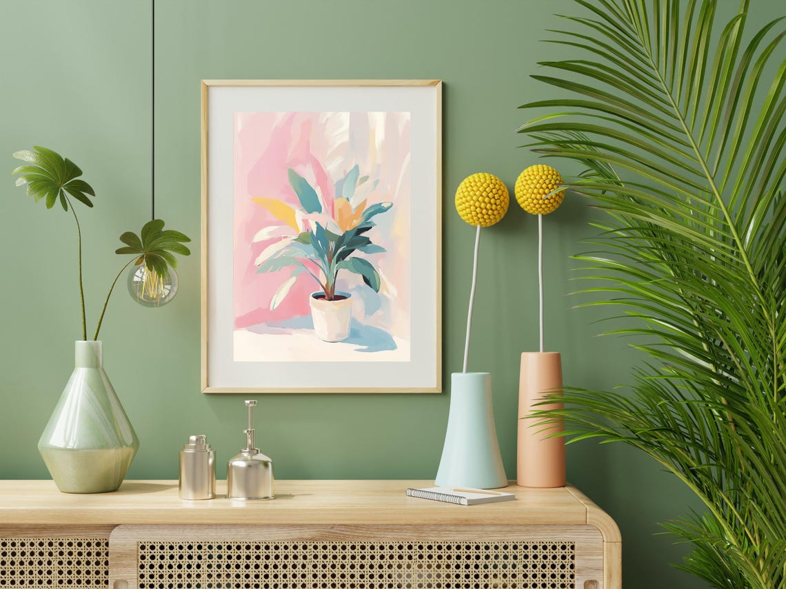 Potted Tropical Plant Pink Background Pastel Botanical Wall Art Print - Image 2