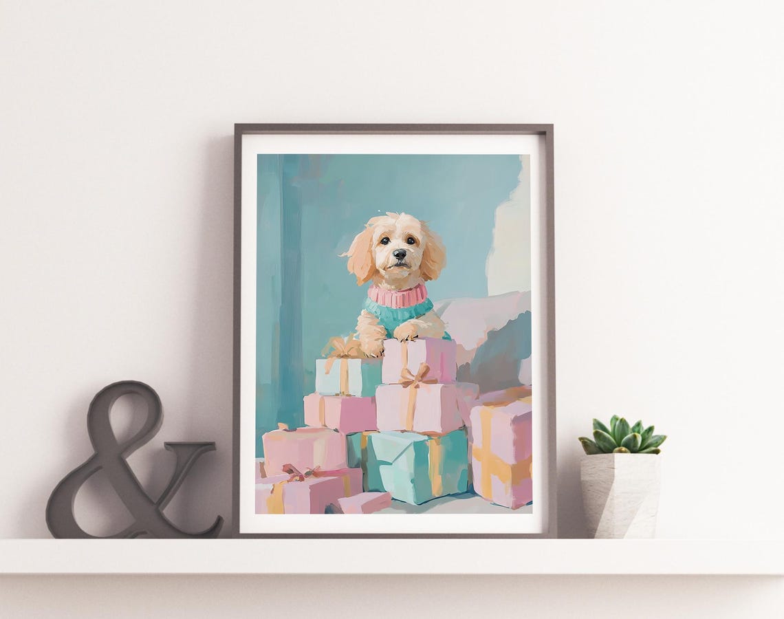 Fluffy Cream Puppy In Sweater Sitting Among Pastel Gift Boxes Poster - Image 4