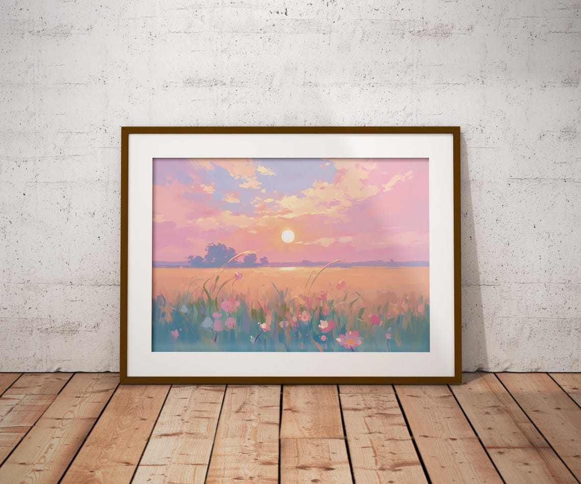 Sunrise Wildflower Meadow Pink Pastel Sky Morning Sun Landscape Poster - Image 2