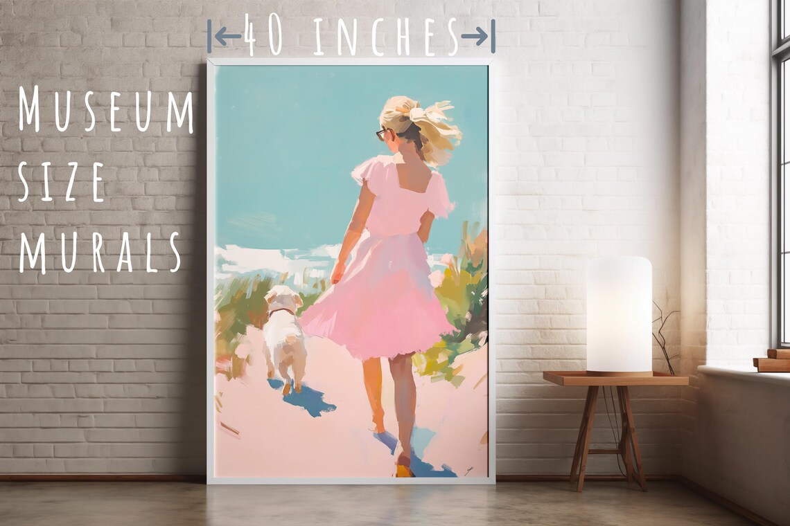 Blonde Girl In Pink Dress Walking White Dog On Pink Beach Poster - Image 5