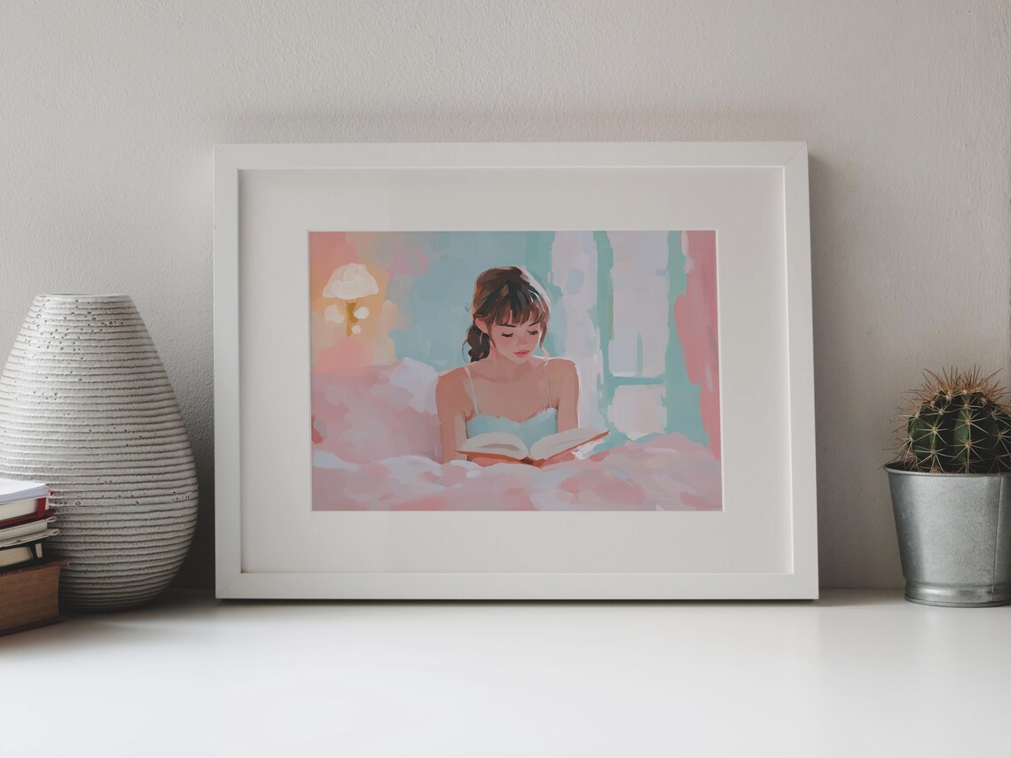 Soft Pastel Woman Reading Book In Bed Pink Teal Cozy Art Poster - Image 4
