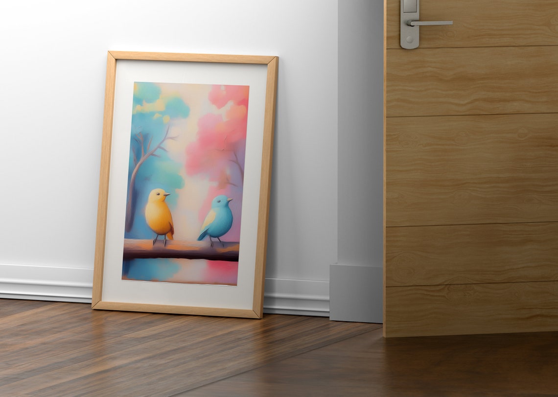 Two Colorful Birds on a Branch Yellow and Blue Pastel Wall Art Poster - Image 2