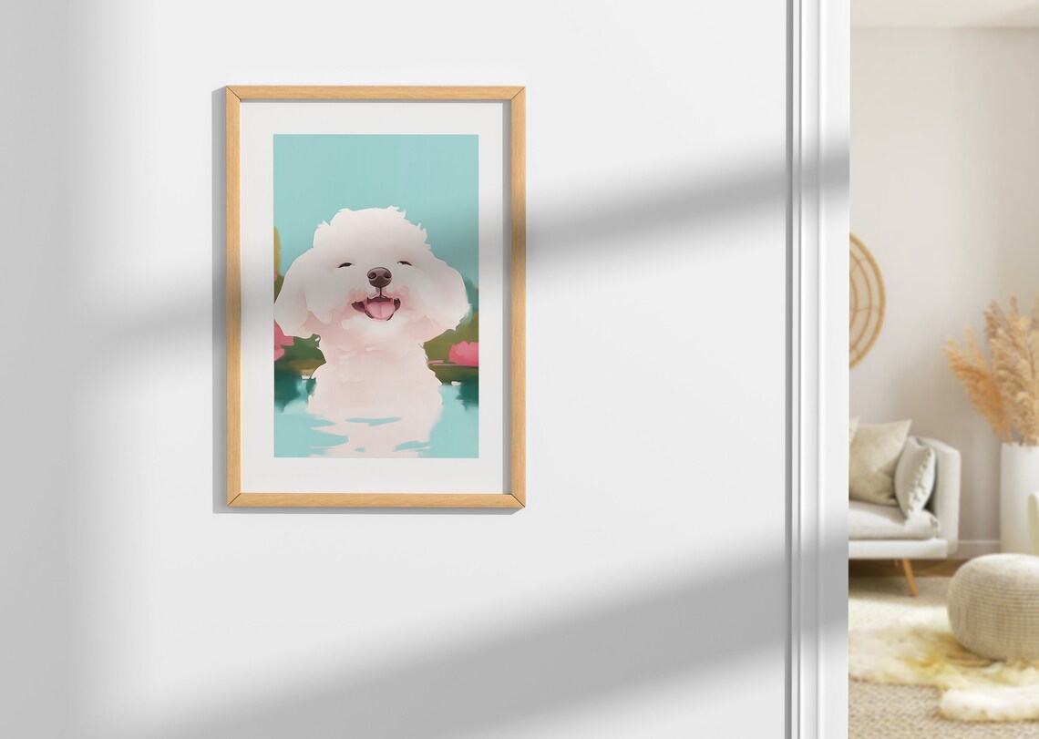 Smiling Fluffy White Puppy Portrait Cheerful Pastel Dog Art Poster - Image 2