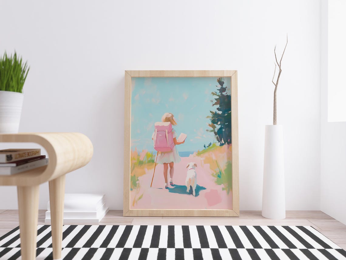 Girl with Pink Backpack and Dog Walking Path to the Sea Art Poster - Image 2