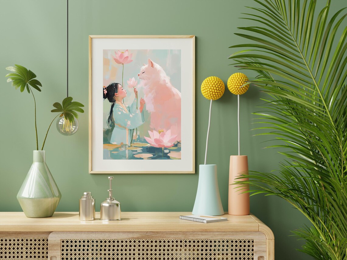 Girl And Giant White Cat Among Pink Lotus Pastel Chinoiserie Print - Image 2