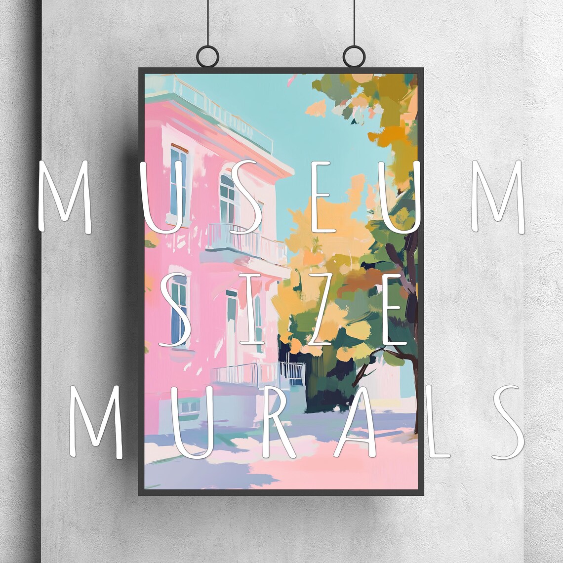 Pink Townhouse With Balconies Autumn Trees Sunny Street Art Poster - Image 3
