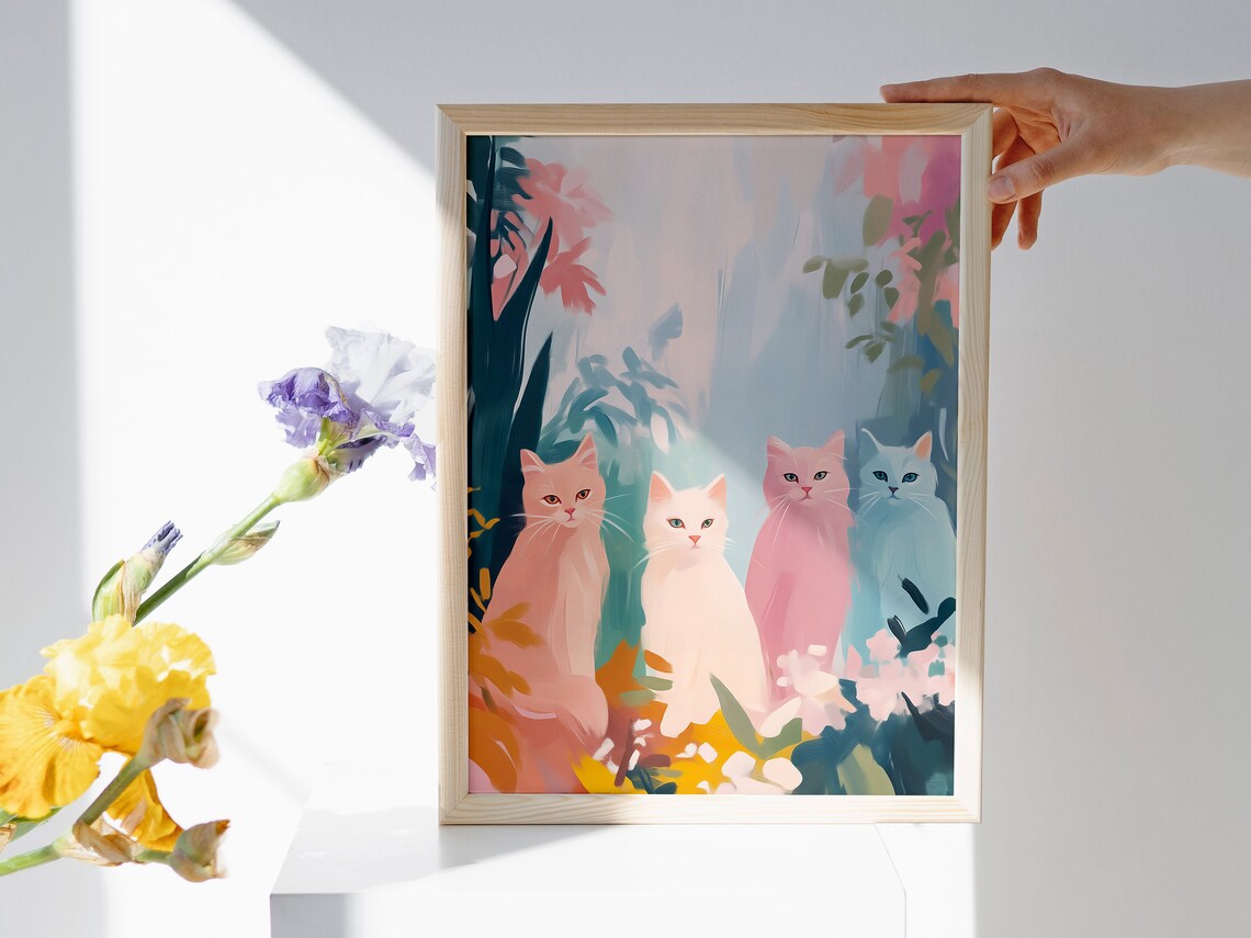 Four Pastel Cats in a Garden Cute Colorful Cat Wall Art Print Poster - Image 4