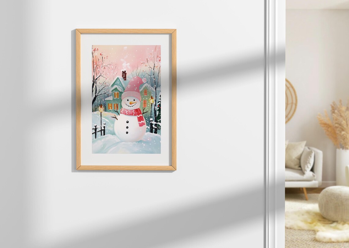 Smiling Snowman In Pink Hat And Red Scarf In Snowy Village Poster - Image 4