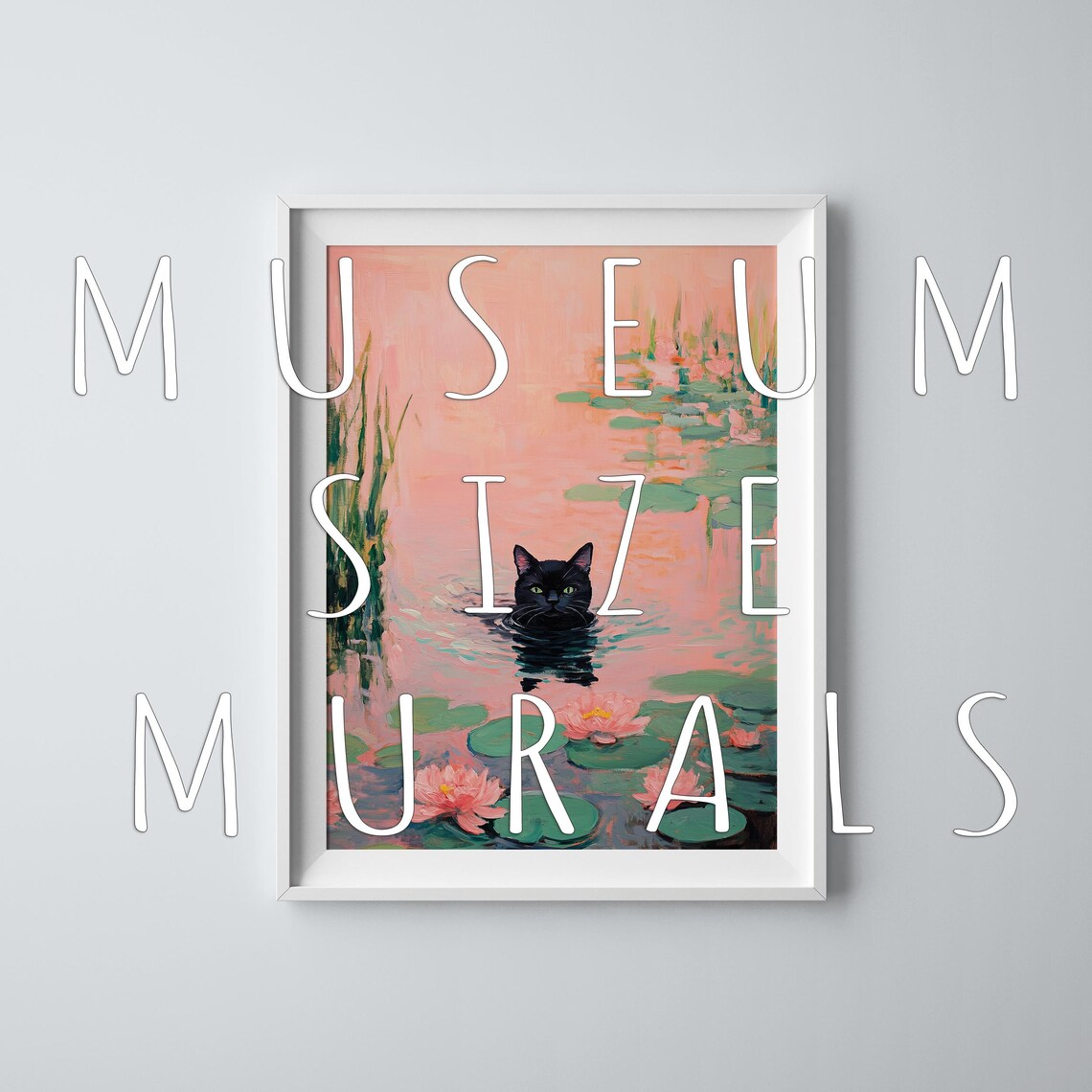 Black Cat Swimming Pink Lily Pond Water Lilies Whimsical Art Poster - Image 3