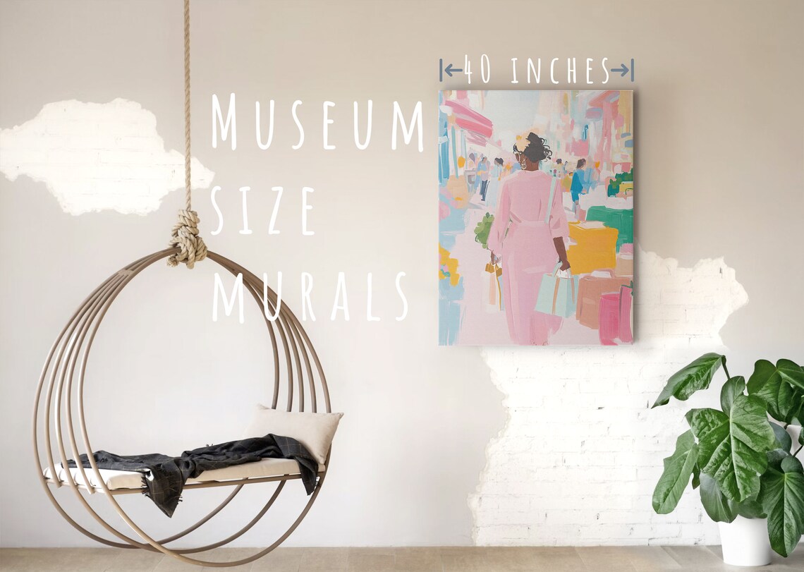 Woman Shopping with Bags Pastel City Street Scene Art Poster - Image 5