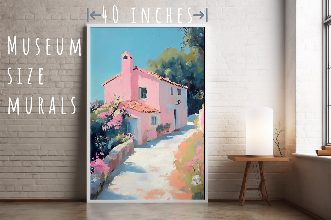 Pink Mediterranean Cottage Impressionist Pastel Village Print - Image 5