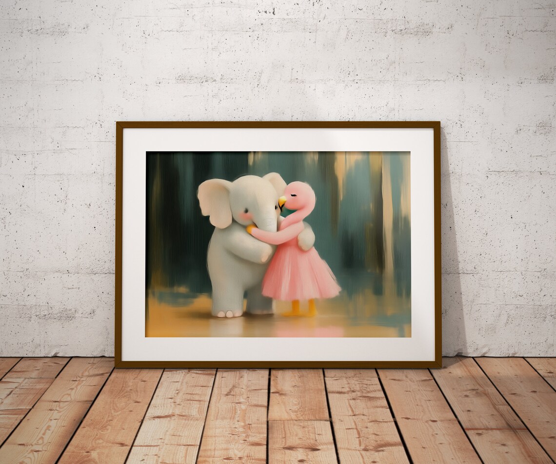 Sweet Baby Elephant Hugging Pink Flamingo Nursery Art Poster - Image 4