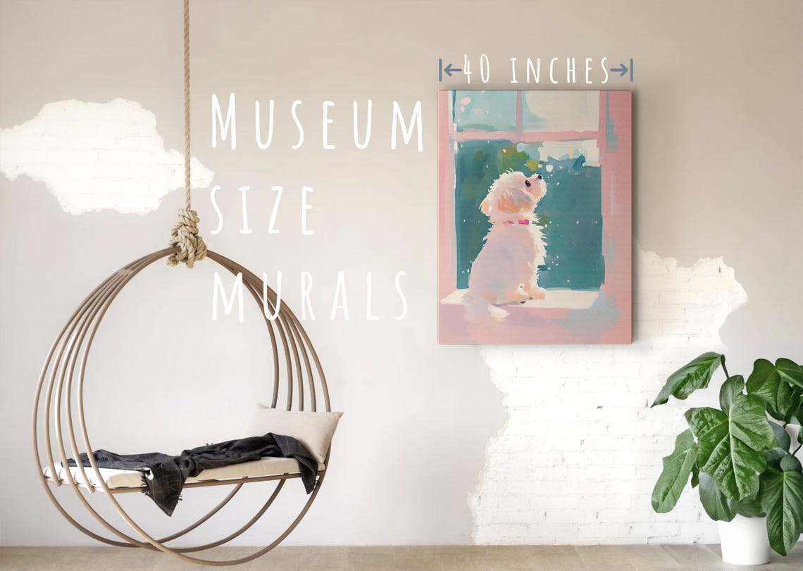 White Fluffy Puppy Looking Out A Pink Window Sunny Day Art Poster - Image 5
