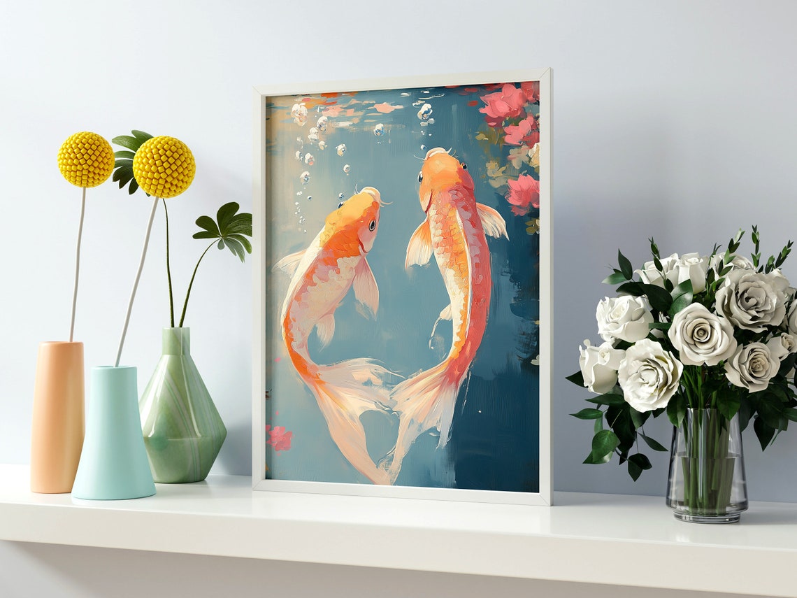 Peaceful Orange Koi Fish Pair Swimming Pastel Teal Pond Print - Image 2